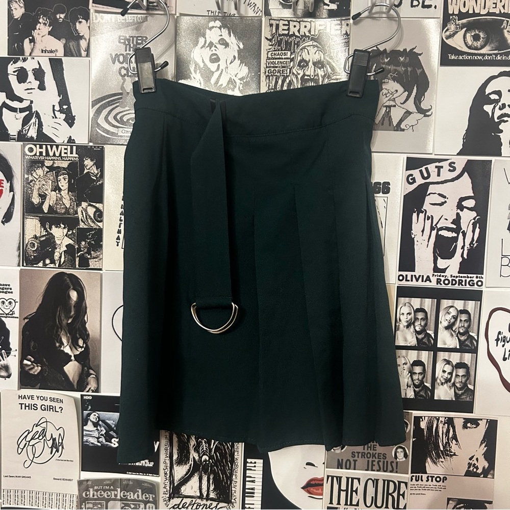 Dark Green Pleated Mini Skirt with Belt